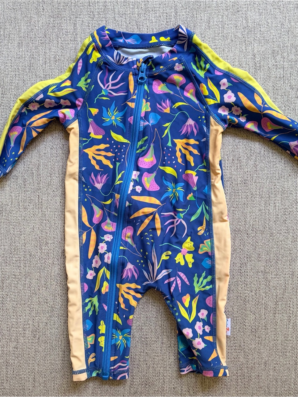 Navy Floral Kids Rashguard Swimsuit with Yellow Panels